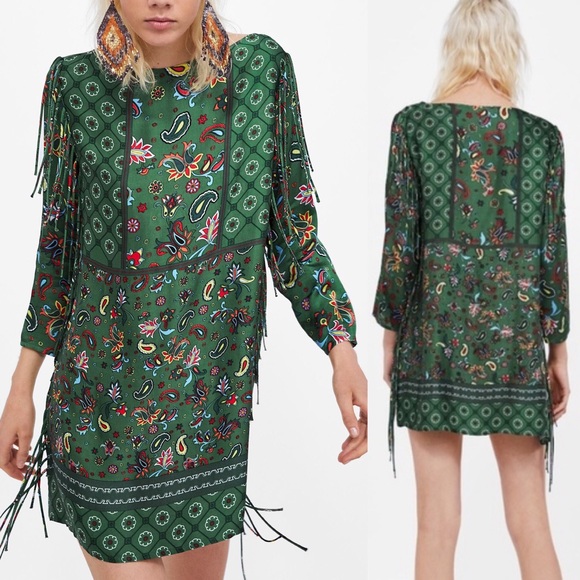 Zara Woman Green Paisley Print Fringe Tunic Dress - Picture 2 of 8